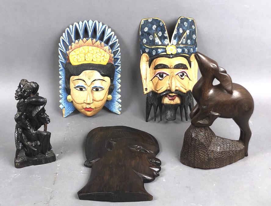 3 Carved African Figures Together with 2 Thai masks,: Together with 2 Thai masks, The African wood carved figure is 11 1/2" Condition, some chipped wood , crack to one mask