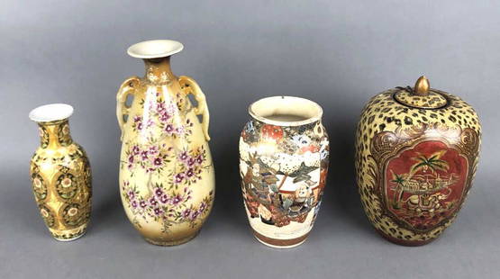 A Group of 4 Asian Style Porcelain Vases: Tallest is 14 3/4" Condition,old repairs and chips to Satsuma style vase, some chipped paint to ginger jar