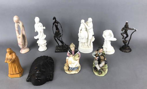 Miscellaneous Group of Porcelain & Other Figures: Including Alabaster, Bronze, Metal, Parian Ware, Marble, Wood, etc. Tallest is 12 3/4" Condition, hand missing from blanc de chine, some household paint on bronze figure, old