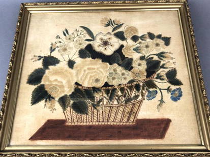 American Still Life Painting on Fabric: 18th Century. Overall size is 17" x 18 3/4". Condition, some stains to fabric.