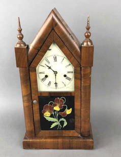 19th Century Gothic Style New Haven Clock: 20 1/2" x 10 3/4 x 4 1/2 Condition, untested, some scratches and scuffs and chipped veneer, some chipped paint to face