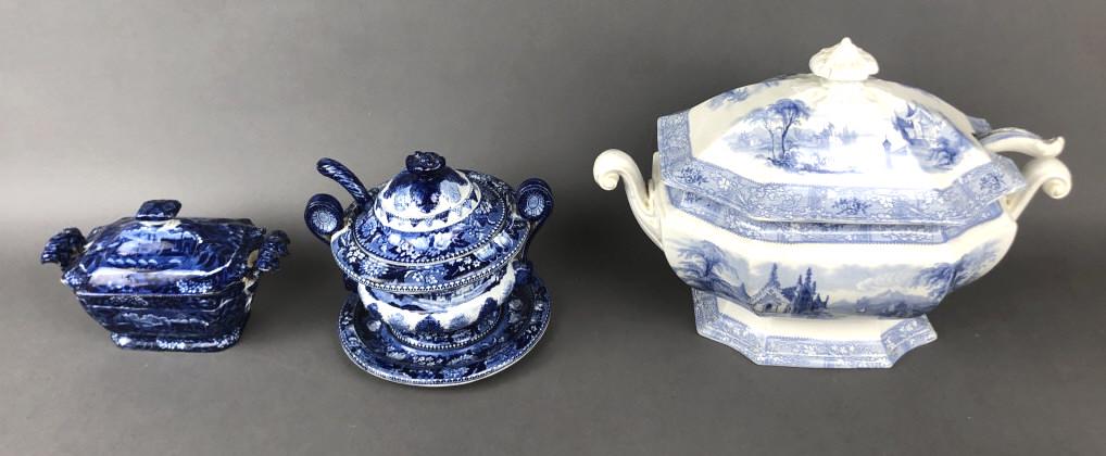 Group of 3 Blue Porcelain Lidded Tureens & Dishes: Tallest is 12" Largest manufactured by C. Phillips Longport ( Ironstone) Medium is an Adams Staffordshire. Condition, chip to lid and chip to handle to