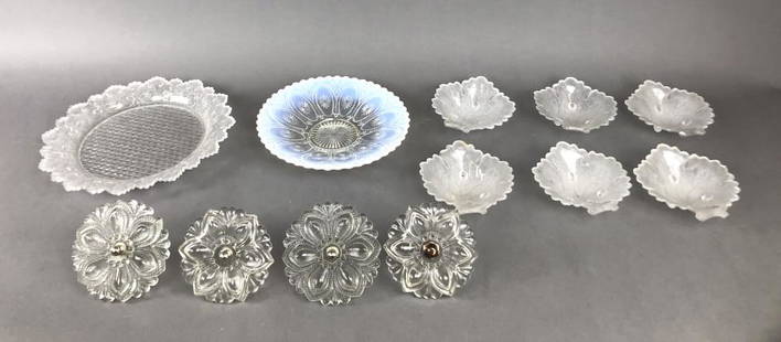 A Group of 4 Pressed Glass Curtain Tiebacks: Together with 8 glass dishes. Largest is 11" diameter. Condition, chip to foot of Vaseline glass bowl.