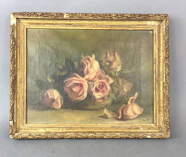 Still  Life of Roses in Gilt Frame: Oil on canvas, signed (LR) F. Starr ? Sight image is 15 1/2" x 11 3/4" Condition, painting has old repairs, some craquelure, needs cleaning , frame has loss of gesso, scratches and scuffs