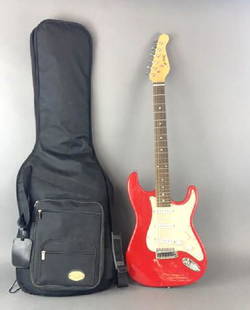 Arbor 6 String Electric Guitar and Case: Guitar is 39" long. Condition, untested , needs cleaning , some scratches and scuffs , 1 gouge (indent) near bottom. Case needs light cleaning.