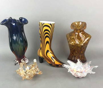 2 Murano Bowls, Glass Boot, Glass Torso: Together with a signed Egermann Vase. Tallest is 13". Boot is 12 1/2"h. Condition, needs cleaning, some light scratches, torso glass vase has small chips