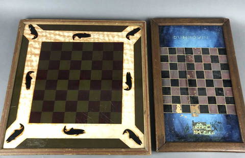 2 Reverse Painting on Glass Game Boards: Possibly Checkerboards. One is marked Dunrovin. Largest is 19" h x 19"w x 1 1/8"d. Condition, some paint loss, chip to glass