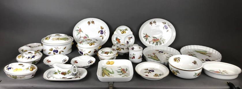 A Partial Royal Worcester Evesham Serving Set: Approximately 20 pieces. Largest is 14" diameter. Condition, some minor scratches, some rubbed gilt