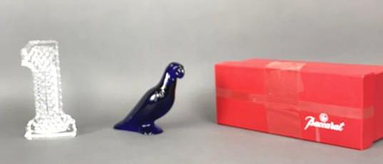 Baccarat Blue Parrot and Waterford #1 Glass Art: The Waterford #1 is 5" tall. Condition, one tiny mark in base of #1, light scratches