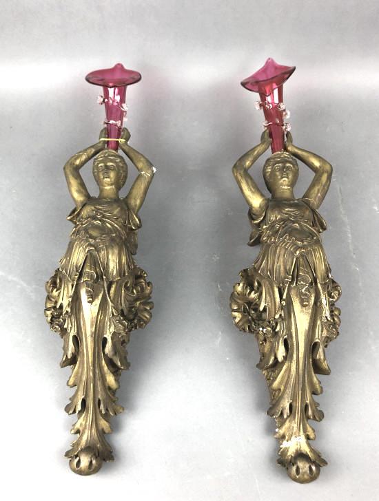 A Pair of Neoclassical Style Cornucopia Vases: Made from gilt plaster and glass. 23"h x 6"w x 6"d Condition, some old repairs, some chipped plaster