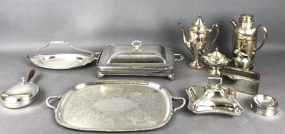 A Group of Silverplated Articles: Approximately 10 pieces. Tray is 22 1/2" x13 1/2" Condition, Large entree dish missing Pyrex liner, needs polishing, some scratches