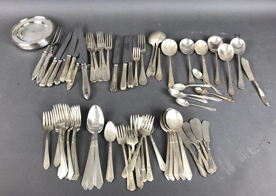 A Group of 8 Silverplate Bread and Butter Plates: Together with assorted silverplate flatwear. Approx. 70 pcs. of assembled flatwear Condition, some monogrammed, some worn plate, some dents and scratches
