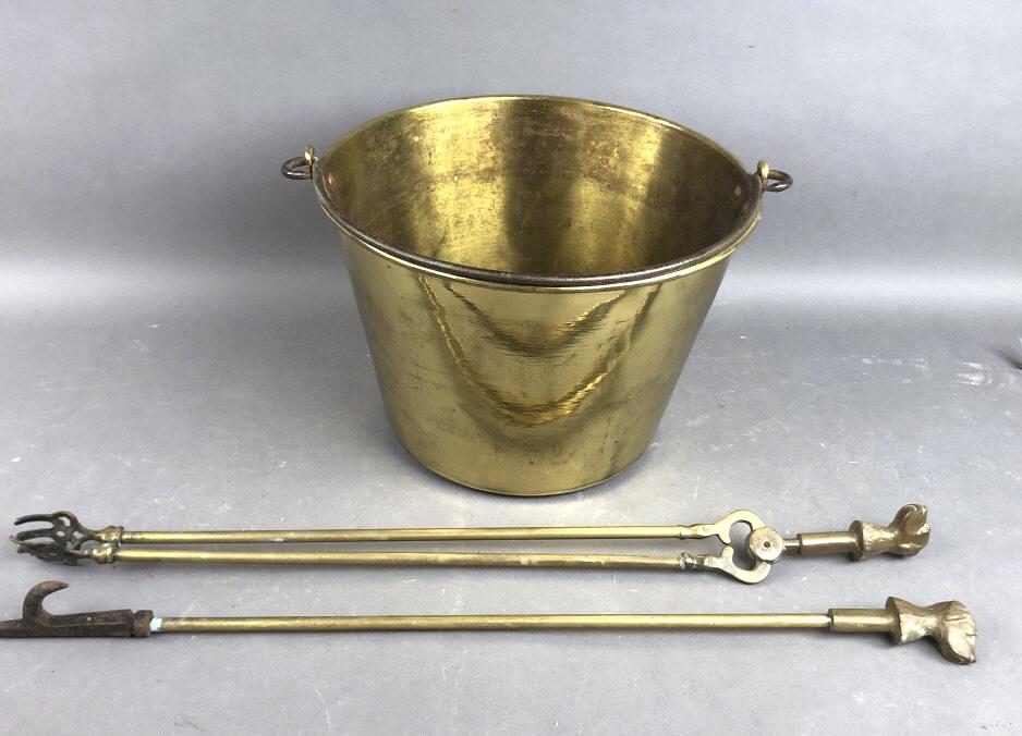 A Brass Bucket together with Fire Tools. (1 of 5)