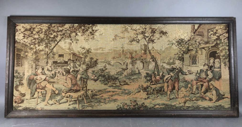 Belgium Style Tapestry of Rural Town Scene: 31 1/2"h x 73"w Condition, some scratches and scuffs to frame.