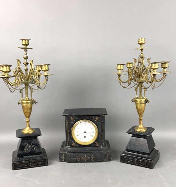 Clock and 2 Brass Candelabras on Decorated Base (1 of 17)
