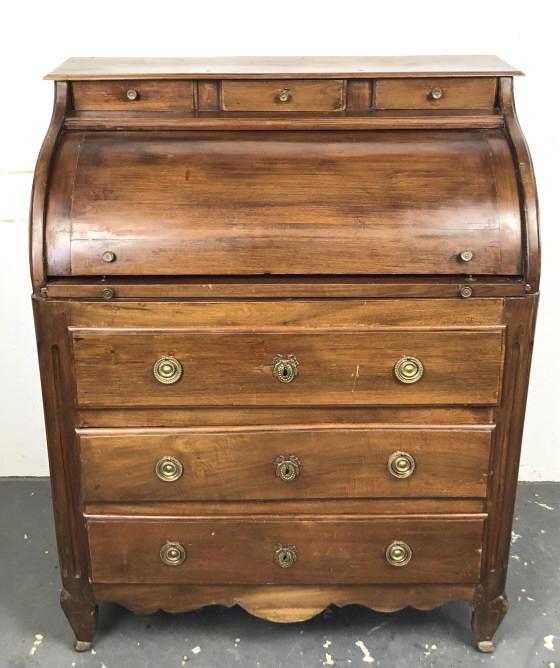 19th Century Dutch Walnut Cylinder Desk: 45 3/4"h x 36 1/2"w x 20 1/2"d. Condition, some scratches and scuffs , some faded wood, old repairs