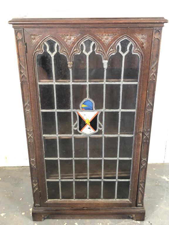 A Gothic Style Oak and Lead Glass Cabinet: 50"h x 28 1/2"w x 13 1/4"d Condition, scratches and scuffs, needs cleaning