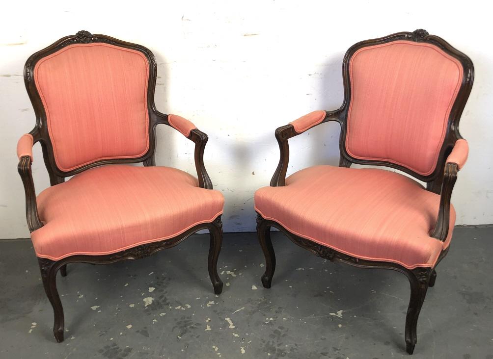 A Pair of Louis XV Style Fauteuil: 36 1/2"h x 26" w x 23"d Condition, some fading to fabric, some open seams