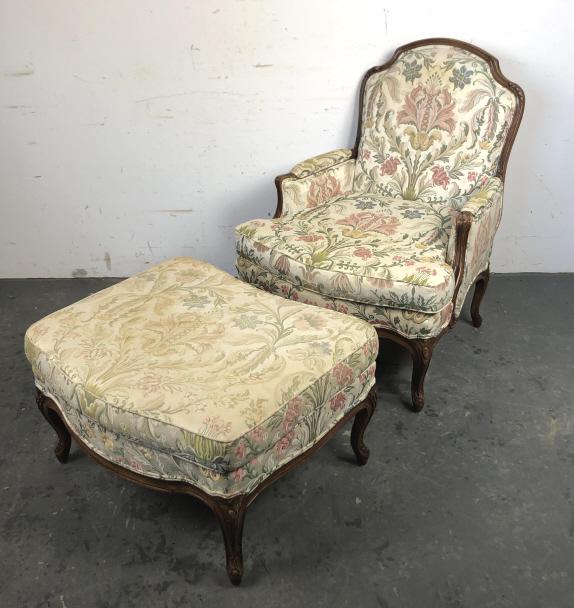 Louis XV Style Bergere Lounge and Ottoman: 39"h x 31"w x 34"d. Condition, some stains and wear to fabric