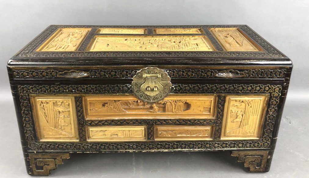 Carved Asian Camphor Wood Lined Trunk (1 of 4)