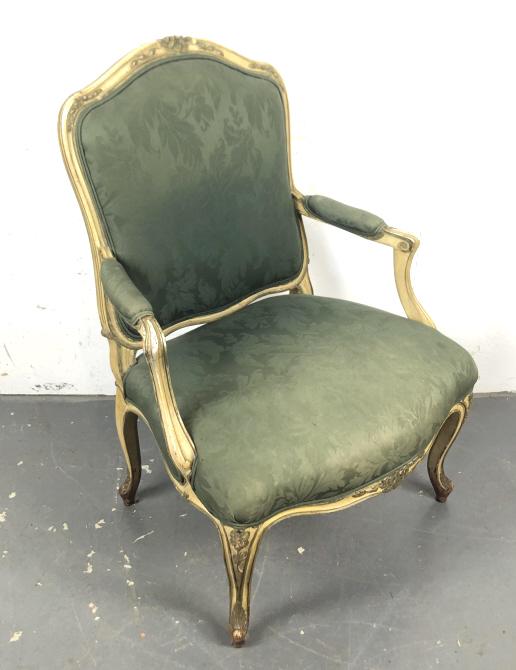 Louis XV Style Fauteuil.: 40"h x 28"w x 28"d. Condition, some stains to fabric, wear to finish