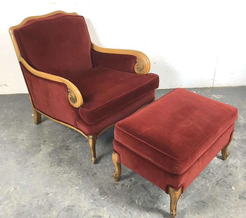 French Mid Century Modern Style Bergere Lounge: With Ottoman. 33"h 28"w x 36"d. Condition , some wear to finish, some stains to fabric