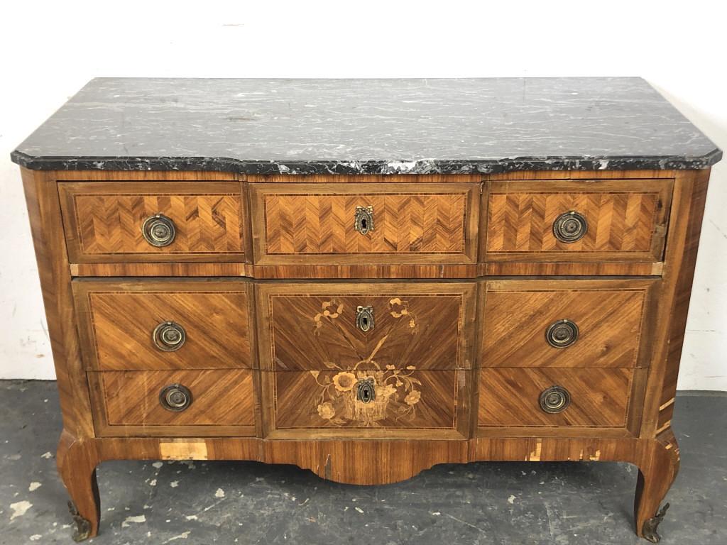 Louis XV Style Marble Top and King Wood Commode: 31"h x 45 1/2"w x 21 1/4"d Condition, some veneer loss