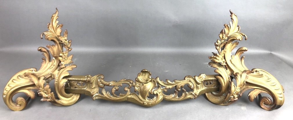 Pair of Rococo Bronze Andirons: 17 1/2"h x 13"w x 6"d. Condition, patina , needs cleaning, scratches, scuffs, and dings