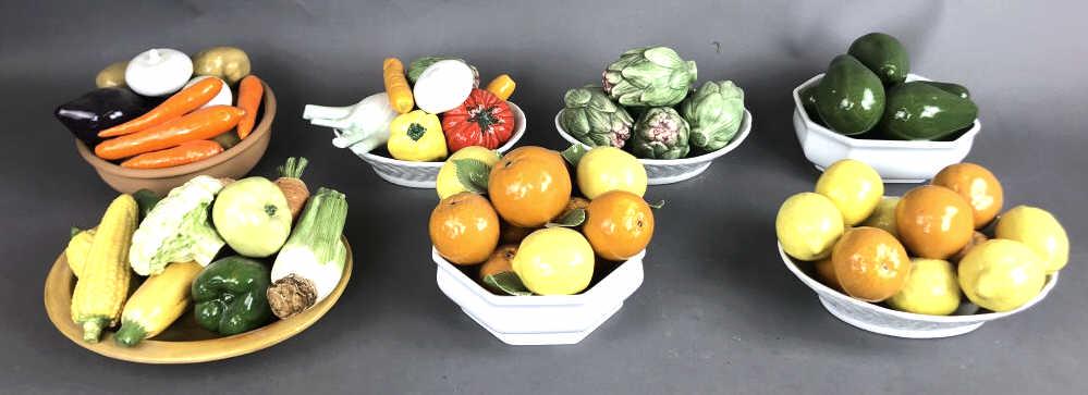 A Group of 7 Porcelain Centerpieces. Comprising of fruit and vegetables. Tallest is 6 1/2". (1 of 7)