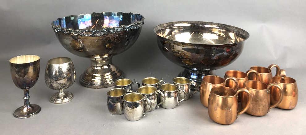 2 Silver-plated Punchbowls Together with 6 silver-plated punchbowl cups, silver-plated goblets, a (1 of 7)