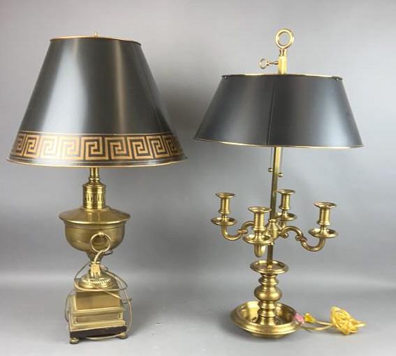 2 Brass Lamps with Metal Shades Tallest is 33"h. x 18 3/4" diameter ( bottom of shade) Condition, (1 of 8)