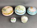 5 Porcelain Powder Boxes and Trinket Boxes. Including Herend , Elite France, T & V, Limoge.  Largest