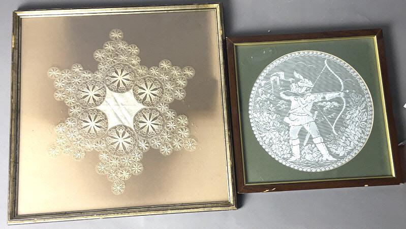 Antique Framed Doily & Hunter Doily Largest overall is 19 3/4" x 19 3/4" Condition, larger one has (1 of 10)