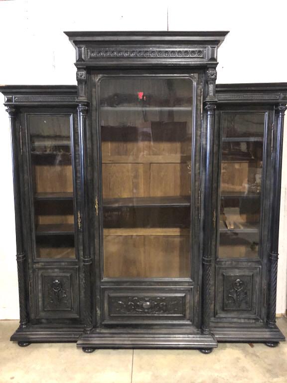19th Century French Ebonized Bookcase 94 3/4"h x 87"w x 19"d. Condition, some loss of wood to crown, (1 of 7)