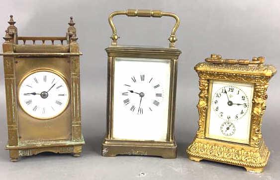 3 Carriage Clocks, Tiffany , Ansonia. Together with unmarked carriage clock Tallest is 6 1/2" with (1 of 8)