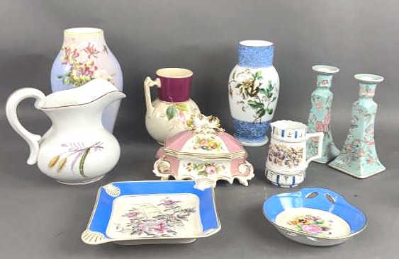 Group of Floral Porcelain Vases & Other Articles Tallest is 11 1/2" 11 Pieces. Condition, needs: Tallest is 11 1/2" 11 Pieces. Condition, needs cleaning , overall wear, some crazing, rubbed gilt, some loss of paint. Lidded tureen is broken in 2 places.