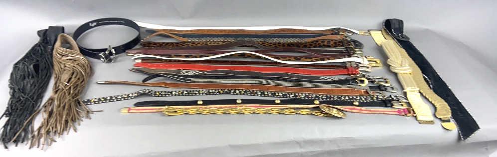 A Group of Ladies Belts Including Ann Taylor, Coach, metal belts, fringed belts. etc. Condition,: Including Ann Taylor, Coach, metal belts, fringed belts. etc. Condition, overall wear, scuffs to leather, one metal gold tone belt has bent metal.
