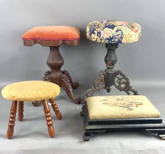4 Upholstered Stools Tallest is 21"h. One is needlepoint . One has cast iron and wood base. (1 of 11)