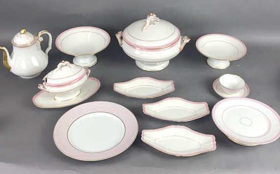 Pink and White Partial Dinner Service Comprising of coffee pot, lidded serving bowl, gravy boat, (1 of 7)
