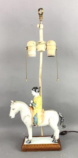 Chinese Porcelain Lamp Of Man Riding Horse 23 3/4"h x 10 1/4"w. Condition, untested, loss of paint, (1 of 6)