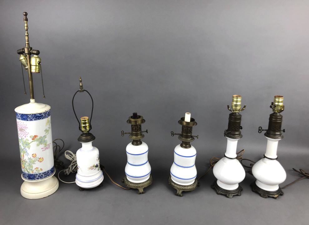 Group of 6 Porcelain Lamps Comprising of two pairs of lamps and two single lamps Tallest  28 1/2" (1 of 6)