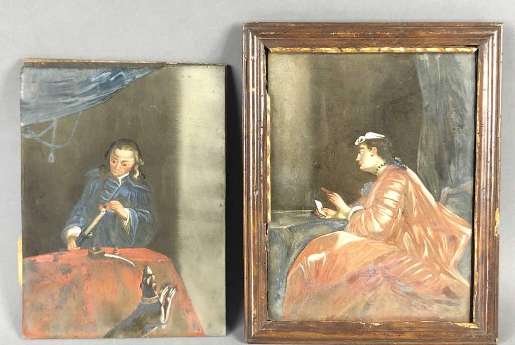 Two Reverse Paintings on Glass Larger 11 1/2"h x 9 1/4"w overall. Condition, chips to glass of (1 of 7)