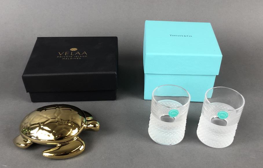 Pair of Tiffany Shot Glasses Together with Velaa gold tone turtle  Shot glasses 2 1/2"h Condition, (1 of 7)