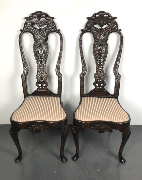 A Pair of Queen Anne Style High Back Chairs Highly carved. 48 3/4"h x 19 1/2"w x 21 1/2"d. (1 of 6)