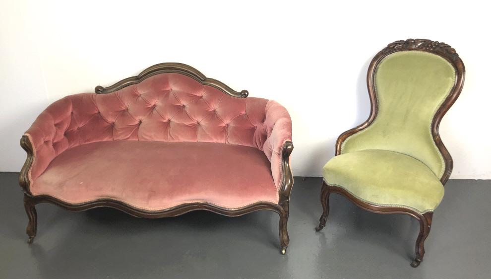 Victorian Settee with Victorian Side Chair Settee is 32"h x 54 1/2" x 28"d. Condition, some stains (1 of 7)