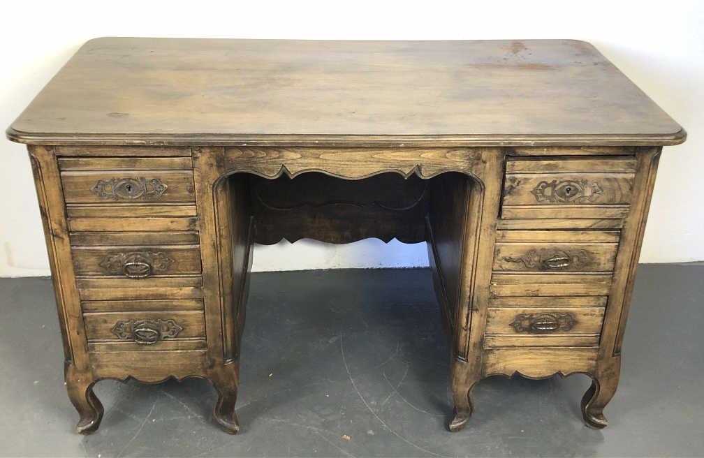 A Dutch Style Fruit Wood Desk 30"h x 51 1/2"w x 27"d Condition, some scratches and scuffs, 2 drilled: 30"h x 51 1/2"w x 27"d Condition, some scratches and scuffs, 2 drilled holes in top