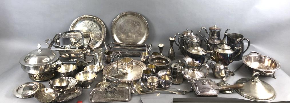 A Group of Silver Plate Over 40 pieces Condition, needs polishing , some scratches and worn plate (1 of 7)