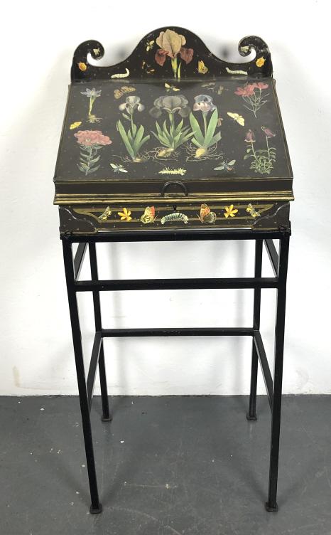 Decoupage and Painted Metal Desk 47"h x 19 3/4"w x 15 1/2"d. Condition, some minor loss of trim, one (1 of 8)