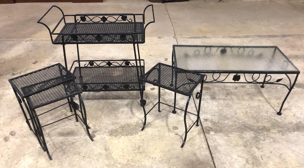 Wrought Iron Patio Bar Cart Together with low table and 3 side tables. Bar cart is 29 1/2" x 22"w x (1 of 6)