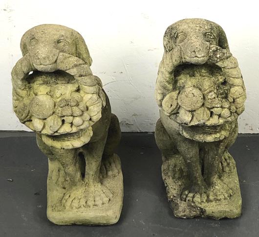A Pair of Portland Cement Dogs W/ Fruit Baskets 22"h x 15"w x 7 1/2"d. Condition, some chipped (1 of 4)